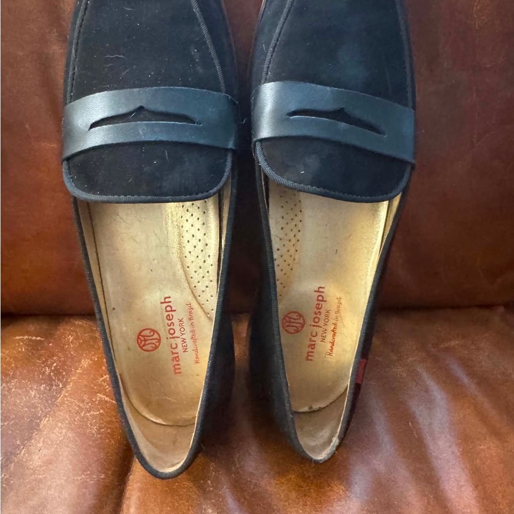 Marc Joseph Size 10 Black Suede Penny Loafers with Leather Strap